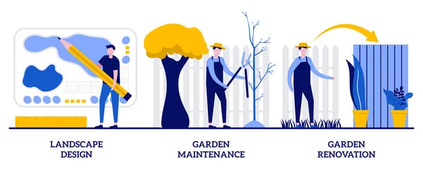 Landschaftspflege Gartenpflege Und Sanierungskonzept Mit Kleinen Leuten Gartendienstleistungen Vektor Illustrationsset — Stockvektor