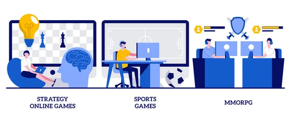 戦略オンラインゲーム スポーツゲーム 小さな人々とMmorpgの概念 インターネットとビデオゲーマーストリーミングベクトルイラストセット サイバースポーツトーナメント 現代のエンターテイメントと娯楽比喩 — ストックベクタ