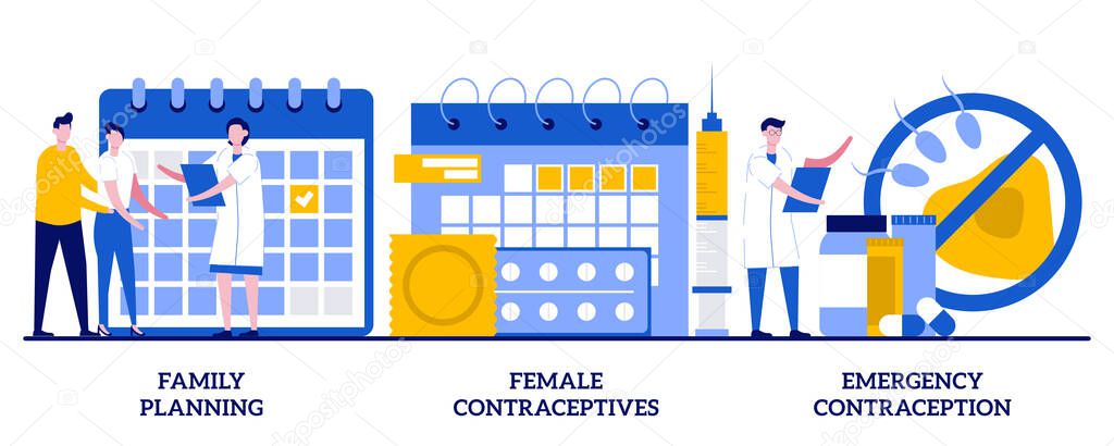 Family planning, female contraceptives, emergency contraception concept with tiny people. Child birth control, pregnancy prevention, prophylactic means abstract vector illustration set.