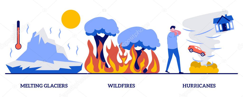 Melting glaciers, wildfires, hurricanes concept with tiny people. Natural disaster abstract vector illustration set. Raising sea level, global warming, forest fires, tropical storm metaphor.