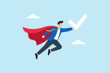 İş adamı süper kahramanın dev işaret sembolüyle uçması başarıyı temsil ediyor güven azmi ve profesyonel yolculukta iş zaferi.