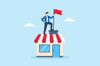 Mağaza çatısında gururla duran işadamının resmi. Girişimciliğin başarısını simgeleyen bayrak dikme. Küçük işletme büyüme liderliği hırsı ve sıkı çalışma yoluyla hedeflere ulaşma.