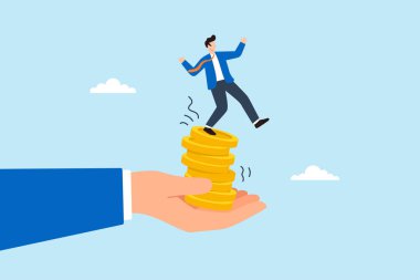 Finansal dengesizliği ve yatırım riskini sembolize eden dev bir el tarafından tutulan dengesiz altın para yığınının dengesizliğini gösteren düz bir çizim.