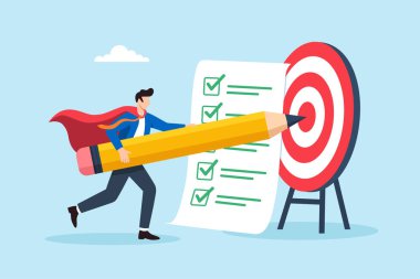 İş adamı süper kahramanın dev kalem darbeleriyle ilerleme listesini kontrol edişinin düz çizimi başarıyı, verimliliği ve hedef başarısını simgeliyor.