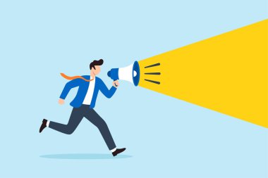 İşadamının megafonla koştuğunu gösteren düz bir çizim. Parlak bir spot ışığı yansıtıyor. Halkın dikkatini çekiyor ve bilgi yayıyor.