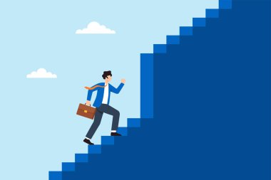 Evrak çantası taşıyan işadamının düz çizimi kariyer büyüme hırsını, mesleki gelişimi ve başarıyı simgeleyen zorlu basamakları güvenle tırmandığını gösteriyor.