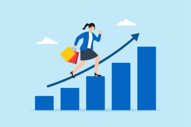 Tüketicilerin büyüme ve perakende piyasası eğilimini sembolize eden, yükselen bar tablosunda yukarı doğru giden alışveriş torbaları taşıyan kadının düz çizimi