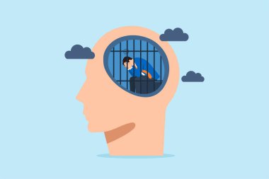 İnsan kafesinin içinde hapsolmuş iş adamının düz çizimi aşırı düşünmeyi, stresi, zihinsel stresi ve olumsuz düşünceleri simgeliyor.