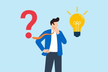 Soru işareti ve ampulle düşünen iş adamlarının düz çizimi kafa karışıklığı çözme ve fikir keşiflerini sembolize ediyor.