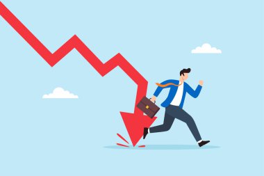 Düşen kırmızı oktan kaçan iş adamının resmi. Ekonomik düşüş, iş kaybı ve yatırım riskini simgeliyor.