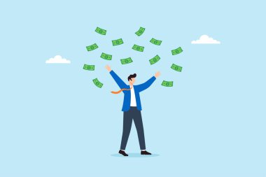 Zengin iş adamının havaya para saçması, milyoner başarısını, finansal bolluğu, para akışını, refahı ve yüksek gelirli yaşam tarzını simgeliyor.