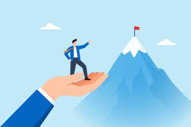 Devasa bir yardım eli üzerinde duran işadamının bayrak ile dağın zirvesine ulaşması, rehberlik danışmanlığının güvenini ve iş amaçlarına ulaşmayı sembolize ediyor.