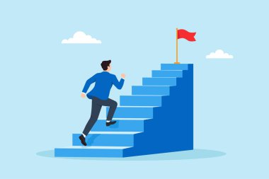 Basamakları tırmanan işadamının düz çizimi kariyerinde ilerlemeyi simgeleyen hedefler profesyonel büyüme hırsı başarı seyahati ve iş hayatının dönüm noktası