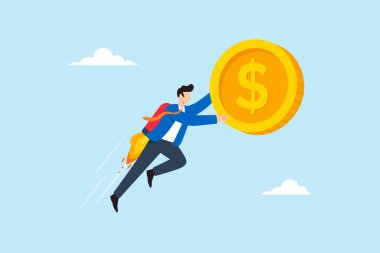 Finansal gelir artışını, servetin ivmelenmesi, akıllı yatırım stratejisi ve iş avantajını temsil eden dev dolar sikkelerini kaldırmak için roket iticisi kullanan işadamlarının düz çizimi