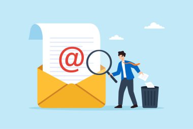 İş adamlarının e-postayı büyüteçle denetlemesi ve gelen posta temizleme bilgilerini filtreleyen çöp kutusuna dökümanların silinmesi