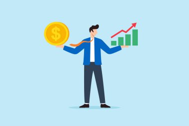 Yatırım karşılaştırma portföy strateji riskine karşılık geri dönüş finansal analizi ve uzun vadeli piyasa büyümesini temsil eden altın sikke ve yükselen bar tablosunun düz çizimi
