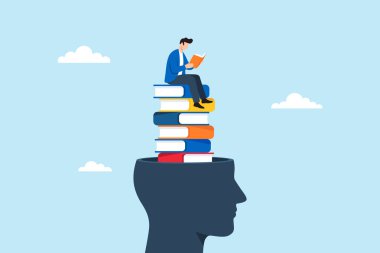 Açık kafanın içindeki uzun kitap yığınlarını okuyan adamın düz çizimi bilgi büyümesini, kişisel eğitimi ve zihinsel gelişimi sembolize ediyor.