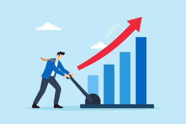 İş adamlarının yükselen bar tablosunu yükseltmek için manivelayı aktif hale getirmesi iş büyümesinin hızlanma performansını ve stratejik momentumu sembolize ediyor.