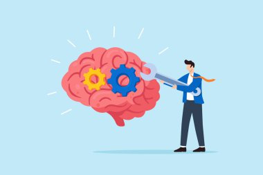 Beyin viteslerini ingiliz anahtarıyla ayarlayan iş adamlarının düz çizimi zihinsel değişimi, zihinsel gelişimi, zihinsel gelişimi ve bilişsel gelişimi sembolize ediyor.