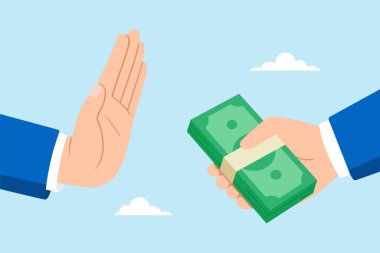 Rüşveti reddeden iş adamının resmi resmi. Rüşvet para destesi. Yolsuzluğu temsil eden, etik olmayan teklifleri reddeden dürüstlük ve etik olmayan iş eylemi.