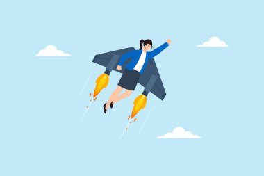 İş kadınlarının roket jetpack ile yukarı doğru uçtuğunu gösteren düz bir çizim. Kariyer gelişimi, mesleki gelişim ve liderlik potansiyelini temsil ediyor.