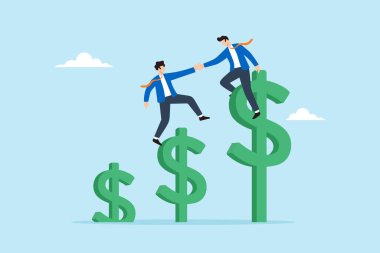 Finansal destek takım çalışmasını temsil eden yükselen dolar sembollerine tırmanıp karşılıklı başarı ve işbirlikçi büyüme sağlayan iş adamlarının düz çizimi