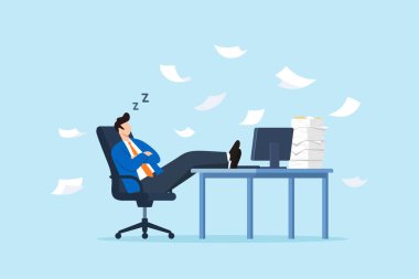 Yorgun bir iş adamının ofis sandalyesinde ayaklarının üzerinde uyumasının resmi. Uçan kağıtlarla çevrili. Yorgunluk, yorgunluk, gecikme ve düşük verimliliği simgeliyor.
