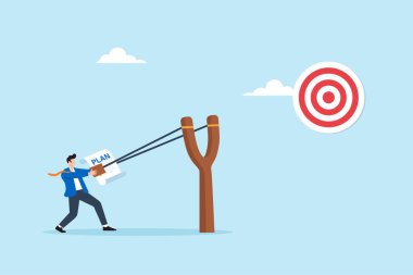 Hedef strateji uygulaması ve hedefe ulaşma yolunda iş planı belgesi hazırlamak için sapan kullanan işadamlarının düz çizimi