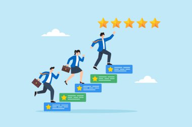 Beş yıldız büyüme ve geri bildirim angajmanı stratejisi doğrultusunda müşteri değerlendirmesinden oluşan merdivenleri tırmanan iş adamlarının düz çizimi