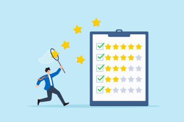 Müşteri memnuniyeti ve performans değerlendirme analizi için net anket formu ile yıldız yakalayan iş ekibinin düz çizimi