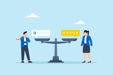 Adil çalışan performans değerlendirmesi için iş adamı ve iş kadınlarının geri bildirim tartmasının düz çizimi ve denge ölçeğinde beş yıldız puanı