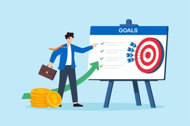 Ölçülebilir hedefler belirleyen ve yatırımcı stratejisi sunumu ve kurumsal tarafsız yol haritası iletişim slaytı için başarı hedefine odaklanan iş adamlarının düz çizimi