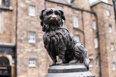 EdinburghScotland - 14 Temmuz 2021: Edinburgh 'da Greyfriars Bobby' nin bir heykeli 2021 yazında. Bobby, 1872 'de ölene kadar sahibinin mezarının başında 14 yıl geçirmiş bir köpekti..