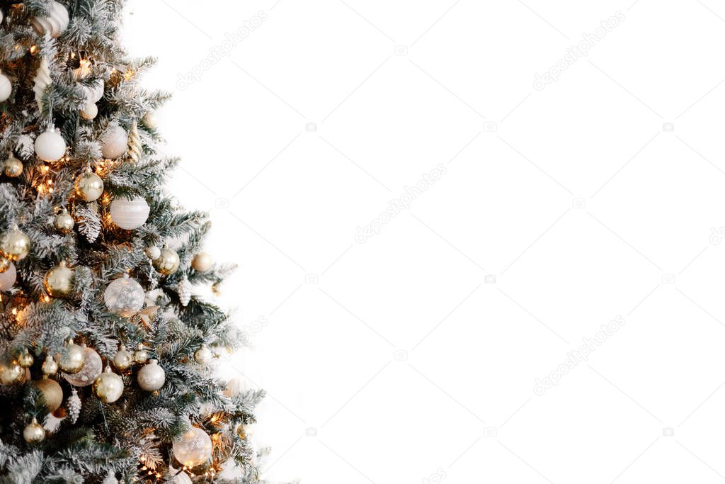 Christmas background with tree, spruce, balls and decorations isolated on white background, copy space