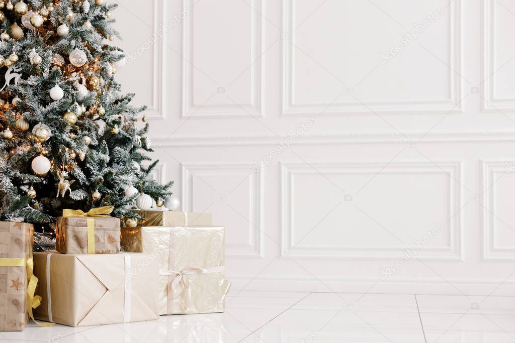 Christmas background with balls, presents, gifts and decorations isolated on white background