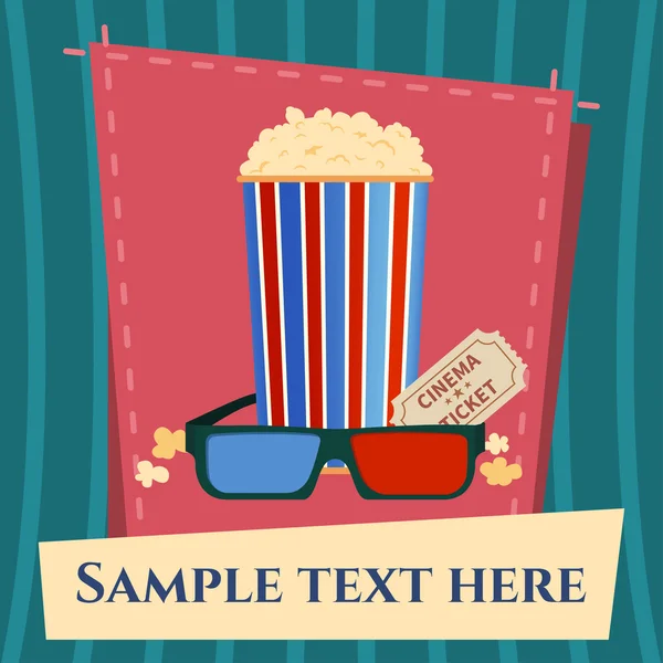 Popcorn box, 3D glasses and ticket cinema poster  in modern style. — Stock Vector