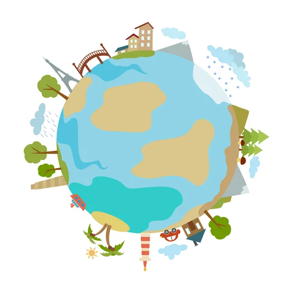 Evler, ağaçlar, düz bir tarzda yapılmış binalar ile gezegenin şirin illüstrasyon... Vektör tasarım öğesi.