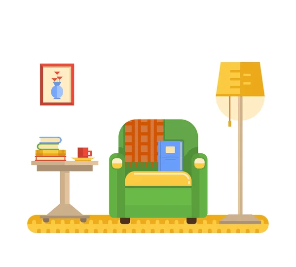 room interior with armchair, table and lamp.