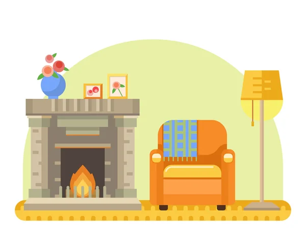 room interior with fireplace, armchair and lamp