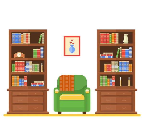 Interior kamar dengan dua rak buku dan kursi - Stok Vektor