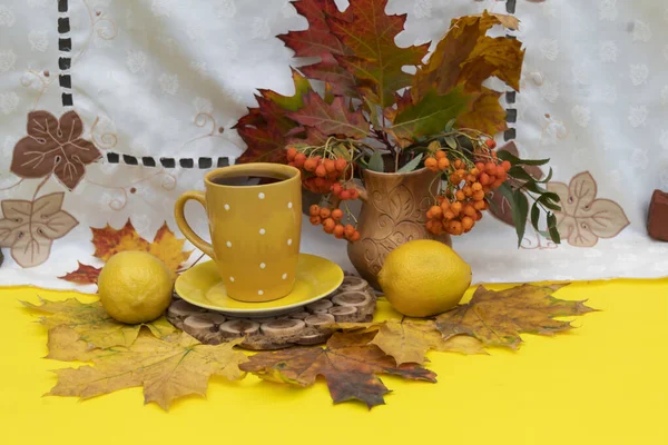 Gibt Eine Tasse Tee Auf Gelbem Grund Auf Herbstblättern Der — Stockfoto