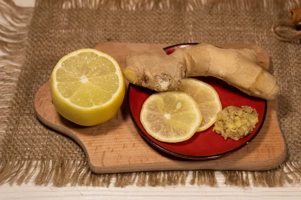 Half Lemon Cutting Board Saucer Ginger Root Lemon Slices Grated — Stock Photo, Image
