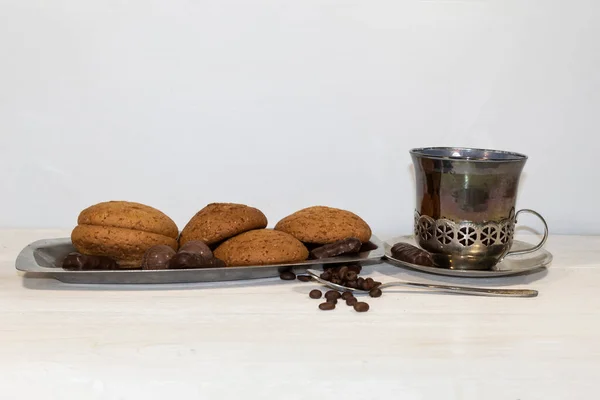 Cookies Chocolates Tray Nearby Lies Spoon Coffee Beans Glass Coffee — Stock Photo, Image