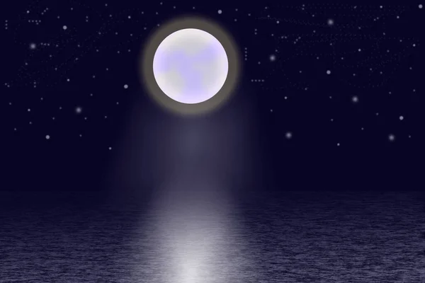 Ilustración Buenas Noches Una Luna Brillante Brilla Sobre Mar Reflejada — Foto de Stock