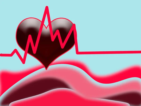 青の背景では 波は下に赤です 心臓の側面図と心臓の側面図 — ストック写真
