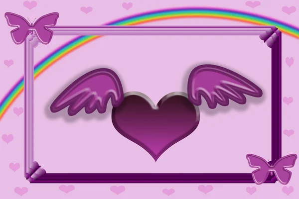 On a pink background, a rainbow. Framed heart with wings. At the corners of the frame are butterflies.