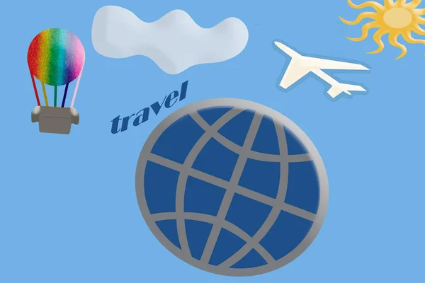 Renderização Num Plano Fundo Azul Globo Avião Voa Lado Balão — Fotografia de Stock