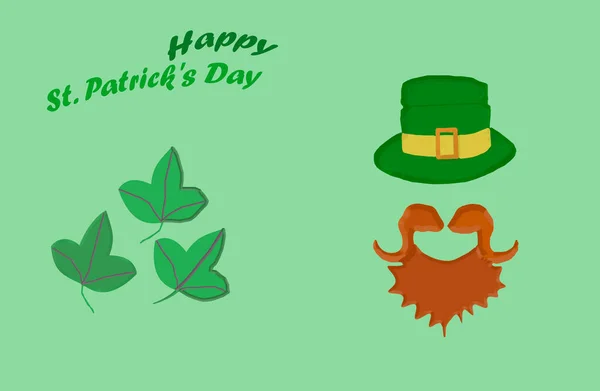 在绿色的背景上 有三片三叶草 一顶绿色的帽子 红胡子和胡子 顶部是题词 圣帕特里克快乐日 — 图库照片