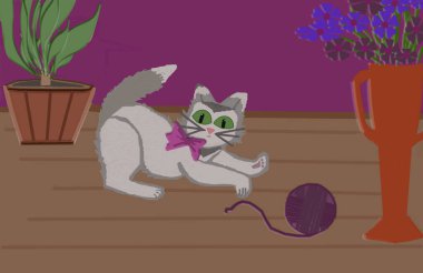 3 boyutlu görüntüleme. Açık renkli küçük bir kedi yavrusu iplik yumağıyla bir odada oynuyor. Yakınlarda bir vazo çiçek ve küvette bir çiçek var.. 