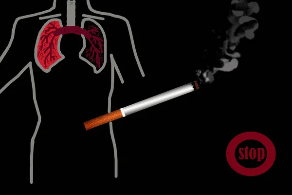 3D - rendering. On a black background, a silhouette of a man with outlined lungs. One part of the lung is red, the other is black. Ahead is a smoking cigarette, below is the word \